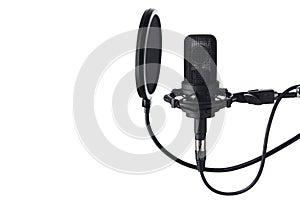 Black studio condenser microphone with pop up filter, isolated on white background