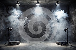 Product showcase with spotlight. Black studio room background. Use as montage for product display. Abstract blank black concrete