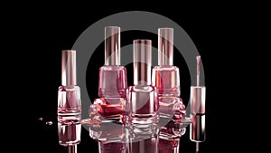 Black stylish background with bottles of red and scarlet nail polish. Fashion, makeup, manicure, beauty