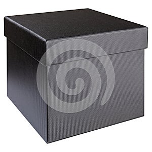 Black stylish gift box with lid, side view, on white background