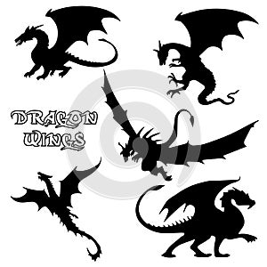 Black stylized illustrations dragons silhouettes