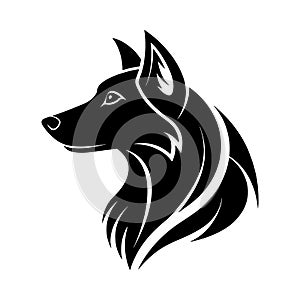 Black wolf head profile with stylized flowing mane and sharp ears on white background animal