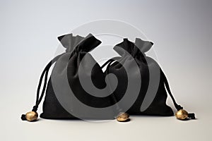 Black suede fabric bags with laces for jewelry are on the table