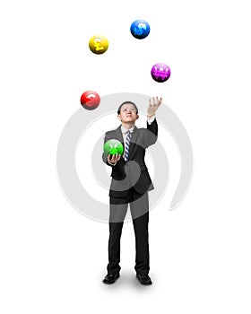 Black suit businessman juggling currency symbol balls