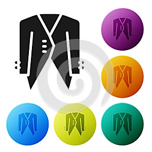 Black Suit icon isolated on white background. Tuxedo. Wedding suits with necktie. Set icons in color circle buttons