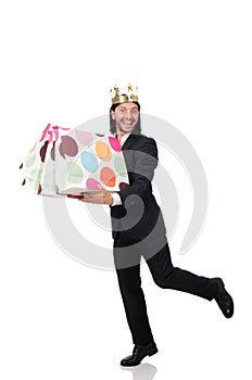 The black suit man holding plastic bags isolated on white