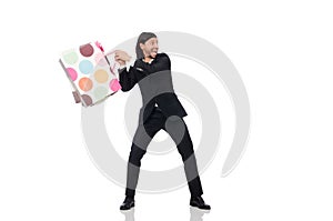 The black suit man holding plastic bags isolated on white