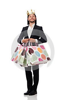 The black suit man holding plastic bags isolated on white