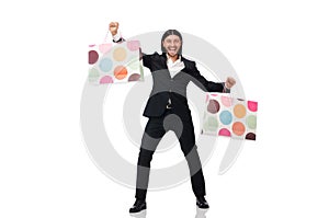 The black suit man holding plastic bags isolated on white