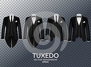 Black Suit and Tuxedo with bow tieTuxedo and bow. Stylish suit. Eps10 vector illustration. Isolated on transparent background