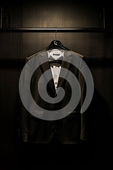 Black suit with a white shirt displayed on a hanger against a dark background