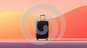 A black suitcase with a handle and wheels stands upright against a gradient background.