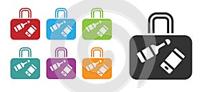 Black Suitcase for travel icon isolated on white background. Traveling baggage sign. Travel luggage icon. Set icons colorful.