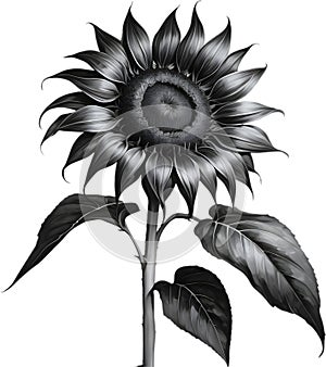 A black Sumi-e sunflower in full bloom.