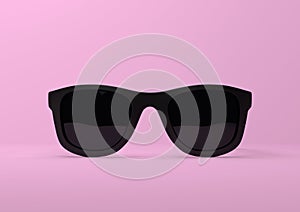 Black summer sunglasses falling down on a pastel bright pink background