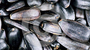 Black sunflower seeds in shell top view. Healthy source of vitamins in vegan food.