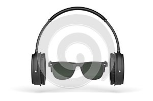 Black sunglasses and headphones. Listening to music concept