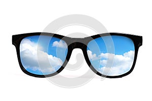 Black sunglasses with sky reflection