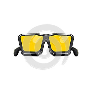 Black sunglasses with yellow lens isolated on white background. Cartoon funny kids pink summer sunglasses icon, label