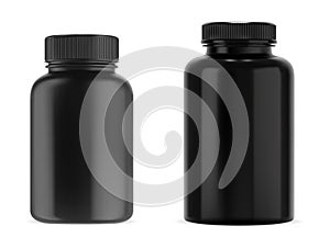 Black supplement bottle. Medicine pill container, plastic jar