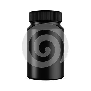 Black supplement bottle vector blank. Plastic pill jar mockup