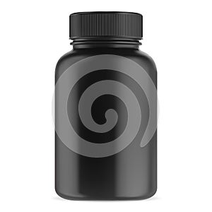 Black supplement bottle. Vitamin pill container