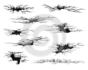 Black surface crack with holes set. Destruction effects, crevices from disaster vector illustration