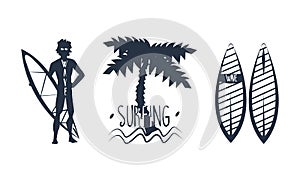 Black Surfing Silhouette with Palm Tree and Man with Surfboard Vector Set