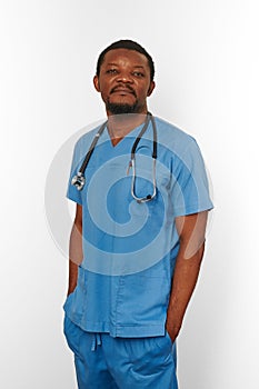 Black surgeon doctor bearded man in blue coat with stethoscope isolated on white background