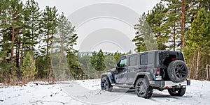Black suv car in forest, winter time