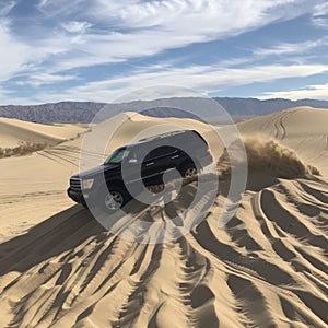 Black SUV conquering a sandy dune landscape, leaving a dynamic trail in the serene desert environment.