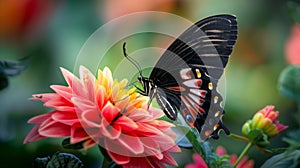 Black Swallowtail Butterfly on Pink Dahlia Bloom