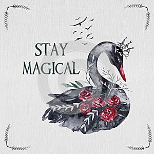 Black swan with flowers and leaves. Mystical gothic card. Watercolor illustration