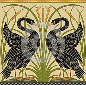 Black swan and reeds decorative border pattern on light background. Vector illustration. photo