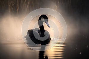 Black swan resting on a pond with a light mist