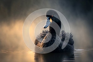Black swan resting on a pond with a light mist