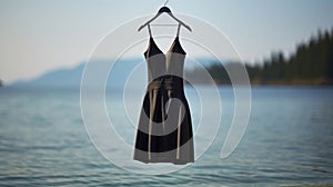 Black swimming suit on a hanger on blurred sea background.