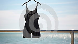 Black swimming suit on a hanger on blurred sea background.