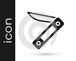 Black Swiss army knife icon isolated on white background. Multi-tool, multipurpose penknife. Multifunctional tool