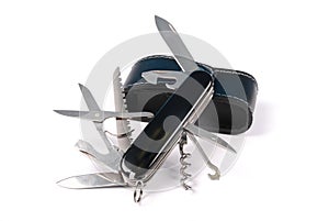 Black swiss army knife isolated on a white