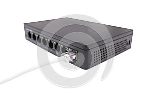 Black switch 8 port gigabit isolated white background device connect network and internet