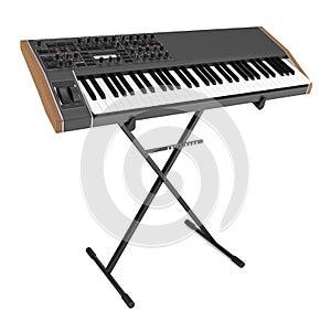 Black synthesizer on stand isolated on white