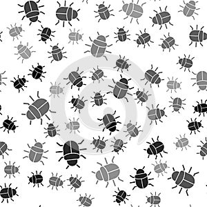 Black System bug concept icon isolated seamless pattern on white background. Code bug concept. Bug in the system. Bug