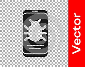 Black System bug on mobile icon isolated on transparent background. Code bug concept. Bug in the system. Bug searching