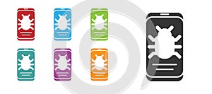 Black System bug on mobile icon isolated on white background. Code bug concept. Bug in the system. Bug searching. Set