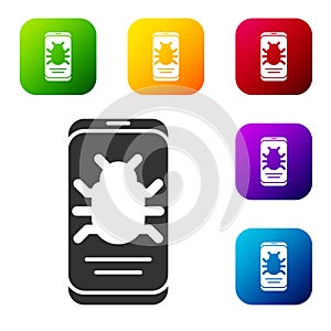 Black System bug on mobile icon isolated on white background. Code bug concept. Bug in the system. Bug searching. Set