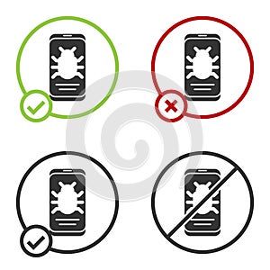 Black System bug on mobile icon isolated on white background. Code bug concept. Bug in the system. Bug searching. Circle