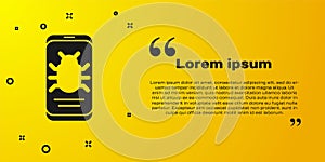 Black System bug on mobile icon isolated on yellow background. Code bug concept. Bug in the system. Bug searching