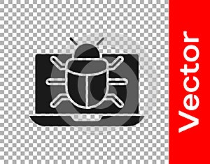 Black System bug on monitor icon isolated on transparent background. Code bug concept. Bug in the system. Bug searching