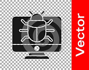 Black System bug on monitor icon isolated on transparent background. Code bug concept. Bug in the system. Bug searching
